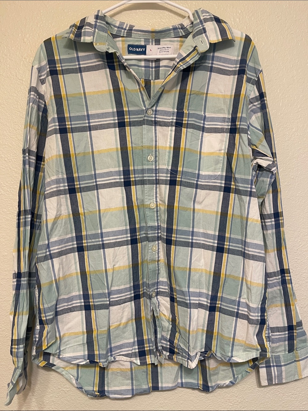 ☀️ (5 for $15) Men's button up plaid navy, mint, green and yellow